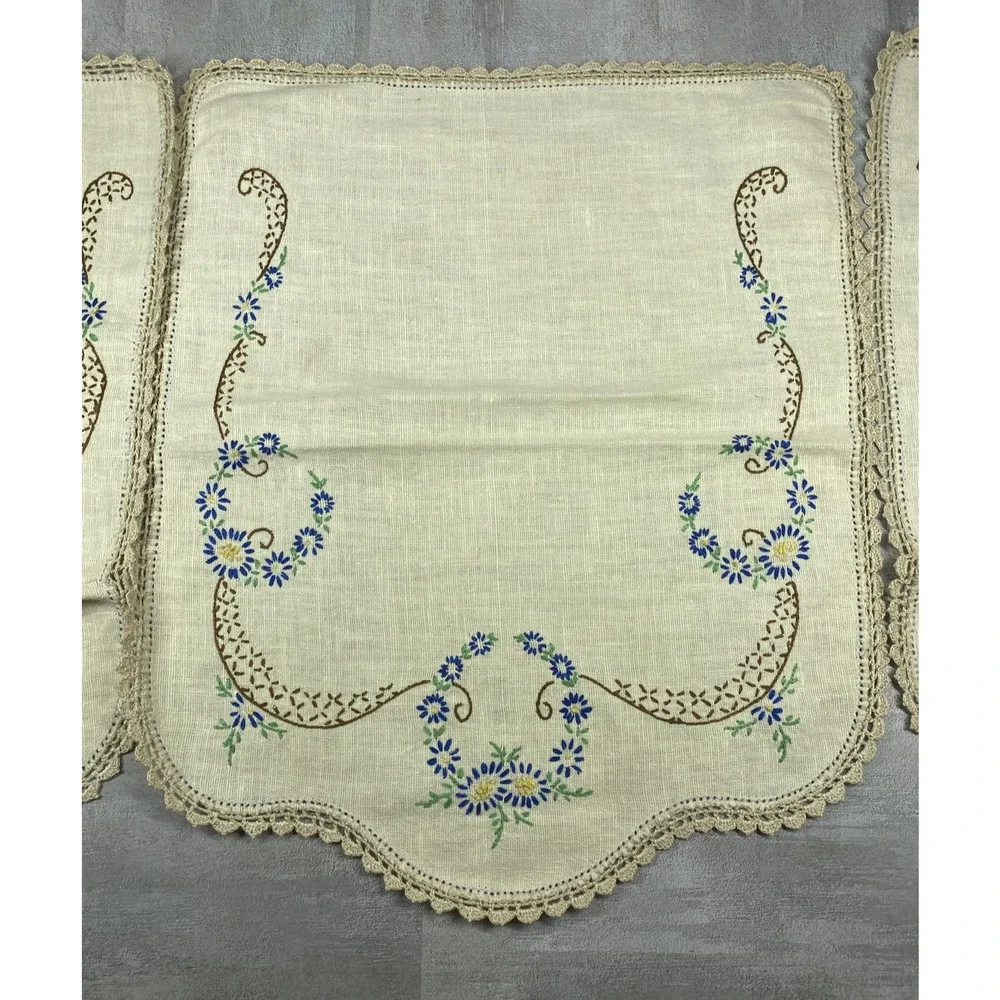 Vintage Beige Linen Embroidered Floral Couch Arm Covers Decor Crochet Set 3